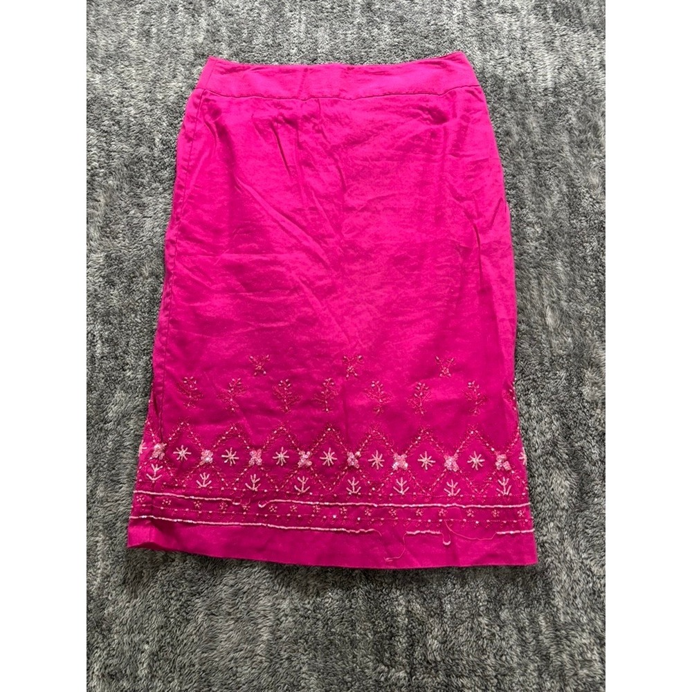 Newport News Pink Linen‎ Blend Embroidered Skirt Womens Size 8 Beaded Hem